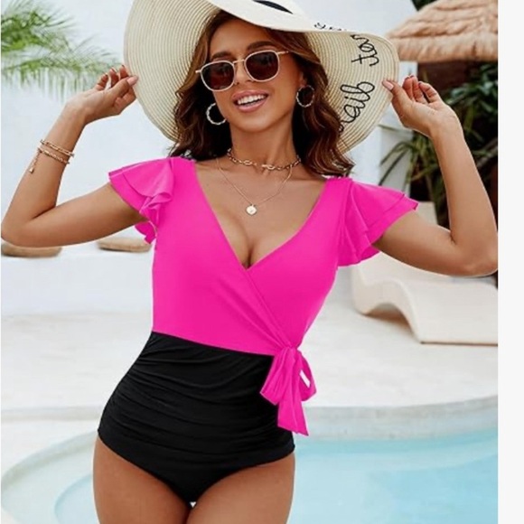 Pink and Black Wrap Swimsuit - Picture 3 of 6